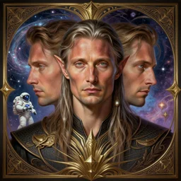 mads mikkelsen symmetrical portrait of the god of thee sky long ears elven king, d & d, fantasy, intricate, elegant, highly detailed, digital painting, artstation, smooth, sharp focus, illustration, art by artgerm and greg rutkowski and alphonse mucha, technomancer astronaut with an epic cosmic background