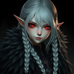 an elf girl with white braided hair, red eyes, wearing a black cape made of crow feathers, highly detailed, digital painting, artstation, matte, bloodborne style, gothic, by makoto shinkai, animation style