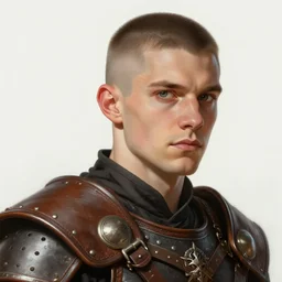 lanky young half - orc warrior, leather cuirass, buzzcut, portrait, highly detailed, headshot, digital painting, trending on artstation, sharp focus, illustration, art by greg rutkowski and magali villeneuve