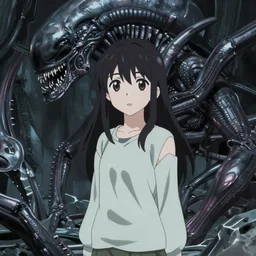 a still from nichijou, alien environment, xenomorph, anime girl, dramatic lighting, scifi, abstract, kyoto animation