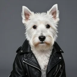 a white terrier dog in a black leather biker jacket portrait by lee jeffries