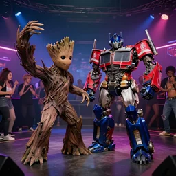 groot and optimus prime dancing at techno party among people, wide shoot, after effect, ultra realistic
