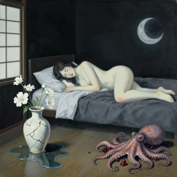 japanese bedroom room with black walls, sensual portrait of a woman sleeping, cracked handmade pottery vase, white flowers on the floor, puddle of water, octopus, squashed berries, neo - expressionism, surrealism, acrylic and spray paint and oilstick on canvas
