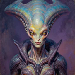 perfectly centered portrait, front view of a reptilian alien, female, intense stare, vril, symmetrical, concept art, intricate detail, volumetric shadows and lighting, beautiful colors, vibrant, realistic oil painting by gustave dore and alex grey,