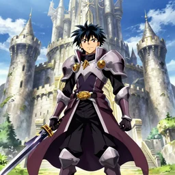 A confident male knight standing in front of a giant fantasy castle in the style of Overlord by studio madhouse and berserker by Kentaro Miura, in full colour, zoomed out, low perspective, anime style