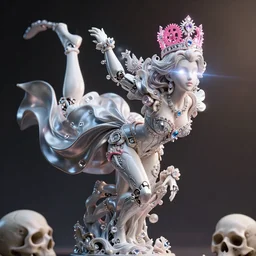 full - body rococo and cyberpunk style porcelain and quartz statue of a young attractive river viiperi android novinho gostoso e dotago falling from the sky, glowing white laser eyes, prince crown of pink gears, diamonds, swirling silver - colored silk fabric. futuristic elements. full - length view. space robots. human skulls. intricate artwork by caravaggio. trending on artstation, octane render, cinematic lighting from the right, hyper realism, octane render, 8 k, depth of field, 3 d