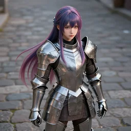 a masterpiece ultrarealistic ultradetailed photograph of a lifelike real anime girl that is dressed in steel plate armor, long dyed hairs, surrounded by cobblestone, photoreal image, art by wlop, photoreal, highly rendered, blender, unreal engine, readable, extremely detailed, trending on artstation, sharp focus, 4 k, by artgerm