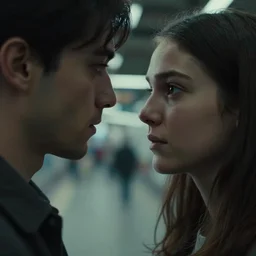 vfx film closeup couple in a train station flat color profile low - key lighting award winning photography arri alexa cinematography, hyper real photorealistic cinematic beautiful natural skin, famous face, atmospheric cool colorgrade