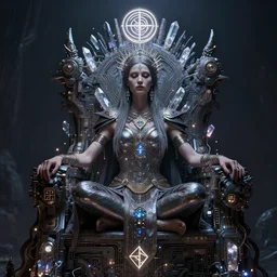 cyberpunk queen on throne, esoteric art, highly detailed, technical, meditation, scrying, blasphemy, paganism, heathenry, leds, crystalline shimmers, magick, technology, sigils, circuitry, norman lindsey, rosaleen norton,