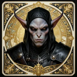head-on symmetrical centered painted portrait, World of Warcraft goblin assassin, black leather armour, art nouveau, tarot card style, fantasy, intricate, elegant, highly detailed, smooth, sharp focus, illustration, artstation, in the style of Artgerm and Anna Podedworna and Alex Ross and Mucha
