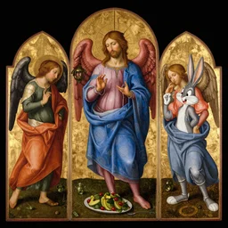 whatever you want to dream, in the style of fra angelico, egg tempera and gold leaf on wood, triptych, 1 3 8 9, holy hand grenade of antioch, 4 k, ultra realistic, bugs bunny, rhapsody in blue, spinach and avocado salad, shallow depth of field, canon ef 3 5 mm, f / 1. 8, ektachrome