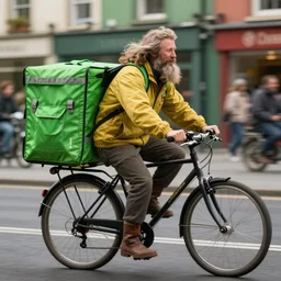 a bearded and long haired bicycle food delivery worker with a green bag on his back in ireland, he has boots, by Artgerm, fantasy epic digital art, trending on Artstation