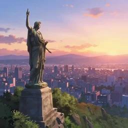 anime background of a statue on top of a hill that overlooks a city at sunset