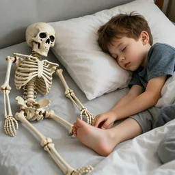 a young boy is sleeping in his bed : : a skeleton is touching the boy's toe