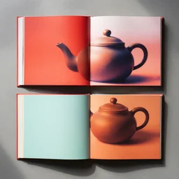 flatlay book collection, vivid colors, dramatic lighting, teapot