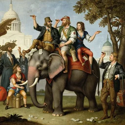 a group of politicians partying in dc one riding an elephant money everywhere some smoking cigars, in the style of bruegel