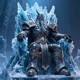 the lich king standing next to the frozen throne. World of Warcraft. Cinematic. Photorealistic. 8K.