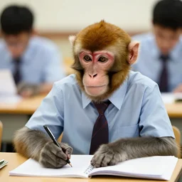 monkey in school uniform doing homework