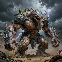 high resolution photo of a muscular fighting sand creature, slime, tree roots, dark clouds, foliage, veins, lightning, big muscles, sweat, slime, troll, fishlike, gills, dragonlike, grown together, overgrown, electronic wires, god rays, dark, skin, plastic wrap,
