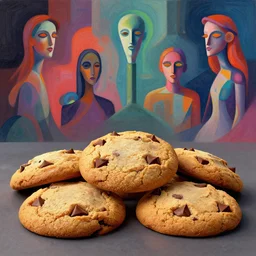 chocolate chip cookies by artstation, deviantart, artfol, artbox, cgsociety, gfxartist, artful, zatista, artpal, instagram, blendernation, frank stella, beeple, giger, kopera, zawadzki, abstract, surrealism,, hyperrealism, futurism 4 k, octane render