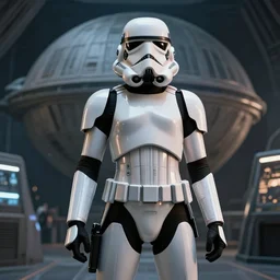 ! female! stormtrooper! supermodel! posing in front of deathstar interior, wearing shiny stormtrooper armor, octane render, 8 k high resolution image, cinematic, cgsociety, artstation, artwork by artgerm, wlop, frank frazatta