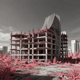 a beautiful detailed rendering of urbex tundra nature abandoned architecture unfinished building building city by cesar pelli, laser anime infrared, archdaily, wallpaper, highly detailed, trending on artstation.