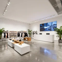 architectural photography, 8 k, realistic lighting, reflections, hyperdetailed intricate environment. large nike boutique flagship retail. white walls. polished concrete floor. display tables with shoes and clothes. low ceilings with downlights and spots. white corian and oak furniture. impressive counter. large digital screens on walls. verdant plants