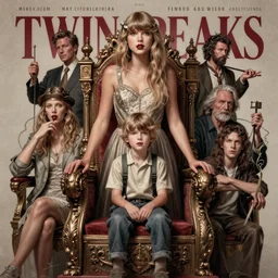 twin peaks movie poster art of evil taylor swift standing next to young boy sitting in throne, highly detailed, smooth, illustration, by artgerm, leyendecker, wlop, katherine lam, michael whelan and tomer hanuka, godward, gustav moreau, saturno butto, boris vallejo