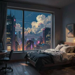 cyberpunk bedroom at night, windows, buildings, dystoptian, gorgeous view, depth, painted by seb mckinnon, clouds, tending on artstation