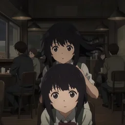 anime frames, anime visual, dark portrait of a young female visiting a busy cafe interior at night, very low light, cute face by ilya kuvshinov and, psycho pass, kyoani, dynamic pose, dynamic perspective, strong silhouette, anime cels, rounded eyes, yoshinari yoh, dark tint