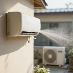 seen a profile wall with an air conditioner in the room and an air conditioner on the terrace with water spray faded, depth of field, sunny, ultra realistic, very detailed, 8 k hyper realistic detailed cinematic still