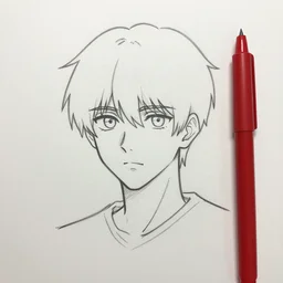 red pen on white background ms paint doodle of bad amateur anime character drawing, made in ms paint, just a few lines