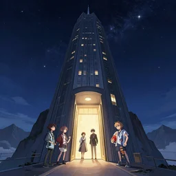 door entrance to a skyscraper at the top of a mountain, starry night, trending on artstation, pixiv, hyperdetailed Unreal Engine 4k 8k ultra HD, Stanley Artgerm Lau, WLOP, Rossdraws, James Jean Marc Simonetti Ruan Jia and Mandy Jurgens and Artgerm and William-Adolphe Bouguerea Sakimichan, yuru camp,  illustration, digital art, concept art