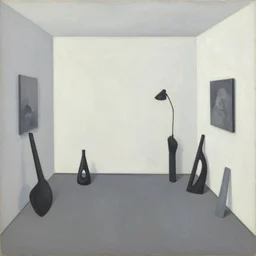 a painting of a confusing minimalistic room with a few unusual artifacts, an airbrush painting by breyten breytenbach, cgsociety!, neo - primitivism