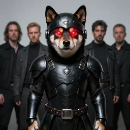 berserk black armor, anthropomorphic shiba inu, shiba inu helm, full body portrait, red laser eyes, masterpiece, glowing bright red neon eyes, by donato giancola and greg rutkowski and wayne barlow and zdzisław beksinski, realistic face
