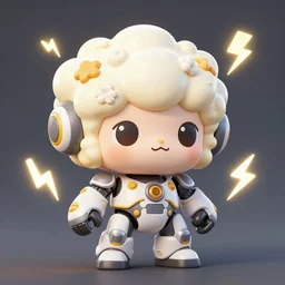 fluffy popcorn brain mecha in the style of chibi, with lightning bolts