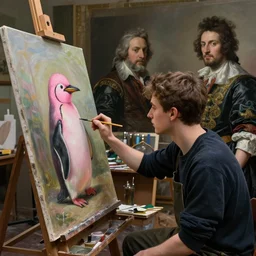 a young painter in his studio painting a picture of a pink penguin, by edgar maxence and caravaggio and michael whelan and delacroix style, artistic, intricate drawing, cinematic lighting, hyper realistic, extremely detailed, establishing shot, 8 k resolution, dramatic lighting