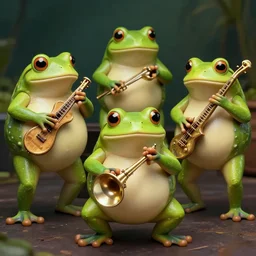 3 fat obese small frogs playing instruments in a band, high-definition photograph