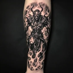 diablo lord of terror engulfed in flames, 3/4 shot from below, full body, detailed greyscale tattoo by Dmitriy Tkach