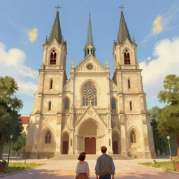 a beautiful picture of church, two people, by greg rutkowski and thomas kinkade, trending on artstation