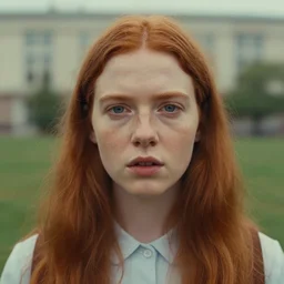 photograph of a twenty year old woman by wes anderson, red hair, freckles