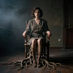 a vintage photograph of a woman sitting in a wooden chair facing the camera. she has gnarled tree roots for her legs that grow into the floor. dark room, cinematic, smoke, dark, moody, smokey dramatic lighting