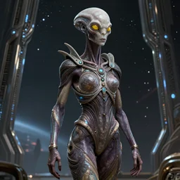 an extremely detailed masterpiece full body shot of a pleiadean extraterrestrial with yellowish eyes space and alien technology in background, in the style of simon bisley, one single continues line, unreal engine, detailed, elegant, intricate, trending on artstation, 4 k