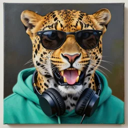 a photorealistic canvas painting of a smiling leopard wearing black sunglasses, a teal green hoodie and headphones around his neck. his tongue is showing. hyper detailed. this 4 k hd image is trending on artstation, featured on behance, well - rendered, extra crisp, features intricate detail, epic composition and the style of unreal engine.