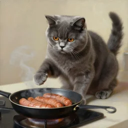 beautiful impressionist painting of an dark - gray british - shorthair kitten cooking some sausages on a pan