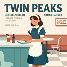 Twin Peaks poster artwork by Michael Whelan, Bob Larkin and Tomer Hanuka, Karol Bak of Zendaya is a high school student working at the diner wearing waitress dress, from scene from Twin Peaks, simple illustration, domestic, nostalgic, from scene from Twin Peaks, clean