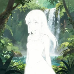 Anime girl, anime jungle environment, overlooking a waterfall, minimal, sketch, rough draft