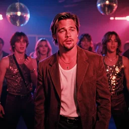 color film still, brad pitt and his clones at the disco, neon lights, high quality