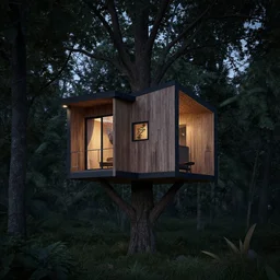 an award winning photograph of a minimalistic modern treehouse in the woods at night, unreal engine, octane render, lumion, architectural, concept art, hyper detailed, perfection, dramatic lighting