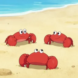 three small red anthropomorphic hermit crab on sandy beach, cartoon